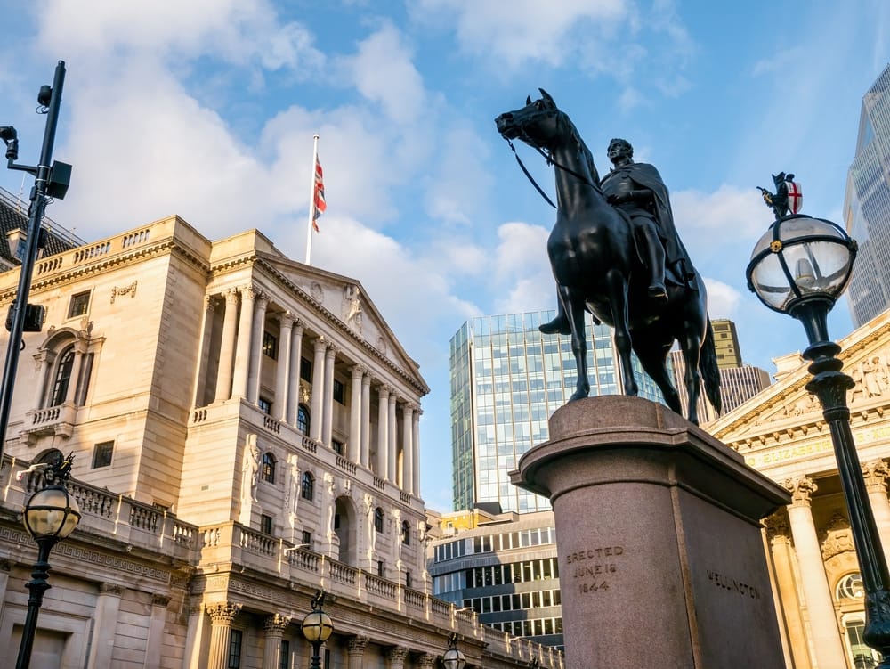 Exterior of the Bank of England building in London ahead of the June 2025 interest rate announcement