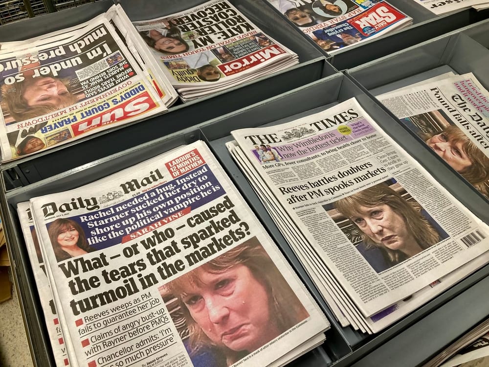 Selection of newspaper front pages showing Rachel Reeves appearing emotional in the House of Commons amid speculation about cutting the Cash ISA limit